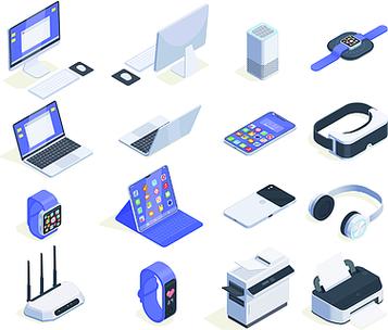 现代设备等距图标集合与计算机外围设备的十六个孤立的图像和各种消费